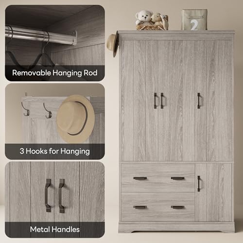 LIKIMIO Grey 70-inch Freestanding Bedroom Armoire with Drawers & Multi-Zone Storage