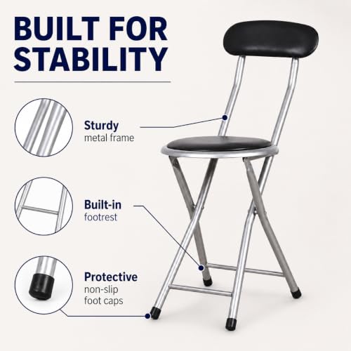 Padded Folding Stool with Backrest, Space-Saving Metal Chair for Home