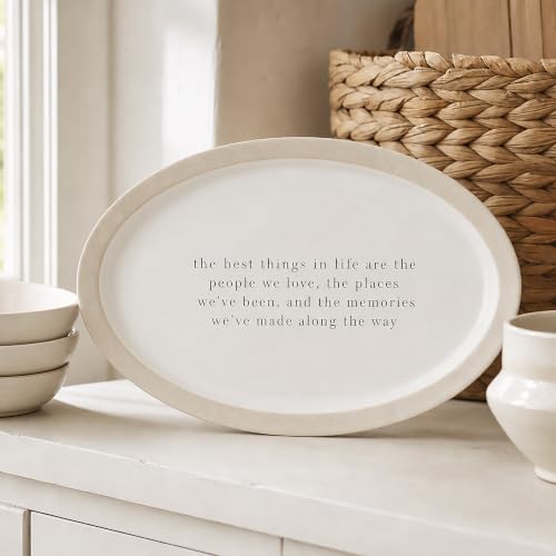 Farmhouse Sentiment Serving Plate, 6.5 x 11 Inch White Glazed Stoneware