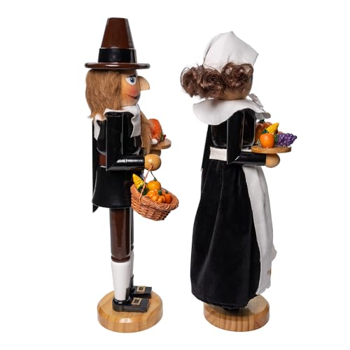 15-Inch Pilgrim Man & Woman Wooden Nutcracker Set - Thanksgiving Decor
