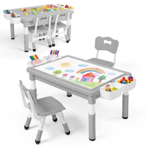 Adjustable Kids Activity Table and 2 Chairs Set with Storage, Grey