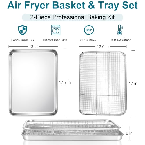 Large Stainless Steel Air Fryer Basket and Tray Set for Oven, 18" x 13"