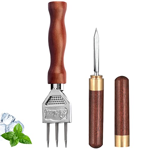 LINALL Three Prong Stainless Steel Ice Pick Set of 2 with Wooden Handles - Durable Carving Bartender Tool, 7-inch