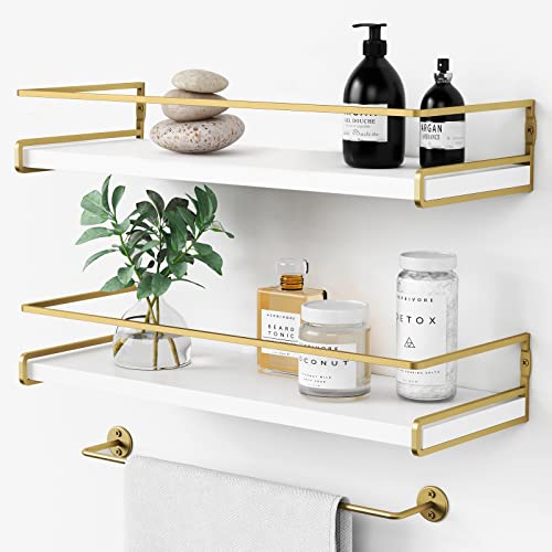 Floating Bathroom Shelves with Towel Bar, Set of 2 White and Gold Wall Shelves