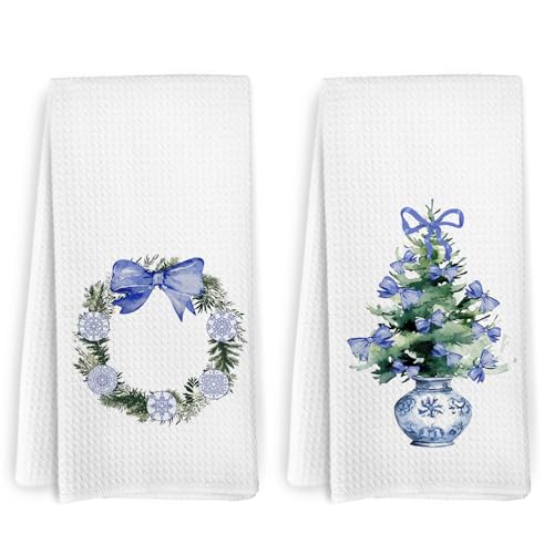 Chinoiserie Christmas Wreath Dish Towels Set of 2 - Blue & White Holiday Decor