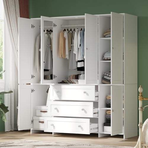 71-Inch Wardrobe Closet with Mirror and Drawers, 6-Door Bedroom Armoire
