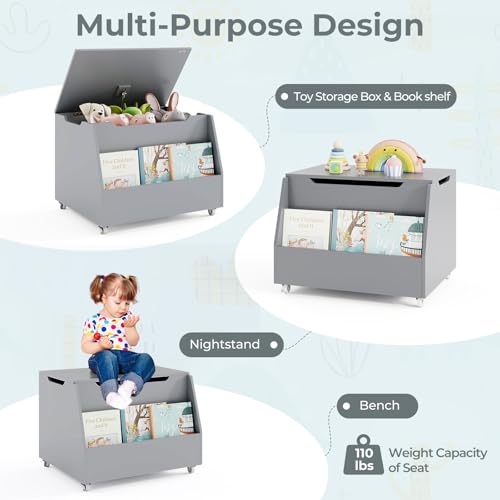 Wooden Kids Toy Storage Chest with Wheels and Soft-Close Lid, Gray