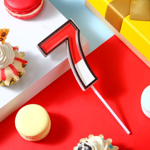 Red & White Numeral Birthday Cake Candle - Cartoon Theme Topper (Number 7)