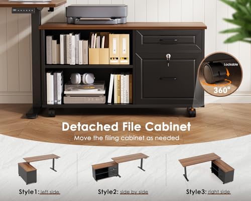 55" L-Shaped Electric Standing Desk with Mobile File Cabinet Storage