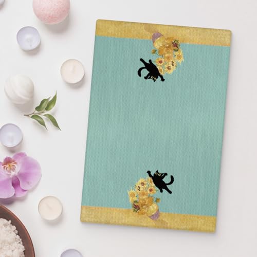 Funny Black Cat Kitchen Towel, Vintage Floral Kitten Dish Towel 16x24 Inch