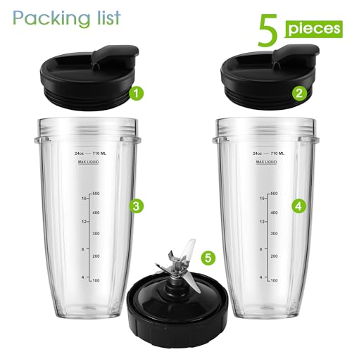 7-Fin Blender Blade Assembly with 24oz Cups and Lids - 5-Piece Set
