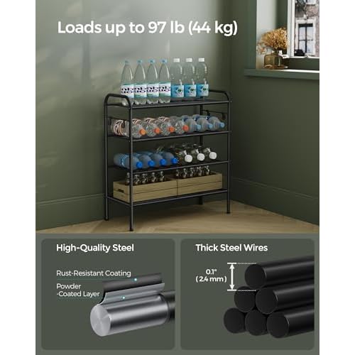 SONGMICS Shoe Rack, 4-Tier Shoe Organizer, Metal Shoe Shelf Storage with 4 Side Hooks, Holds 16 Pairs of Shoes, Height-Adjustable Shoe Rack for Entryway, Hallway, Closet, Easy Assembly, Ink Black