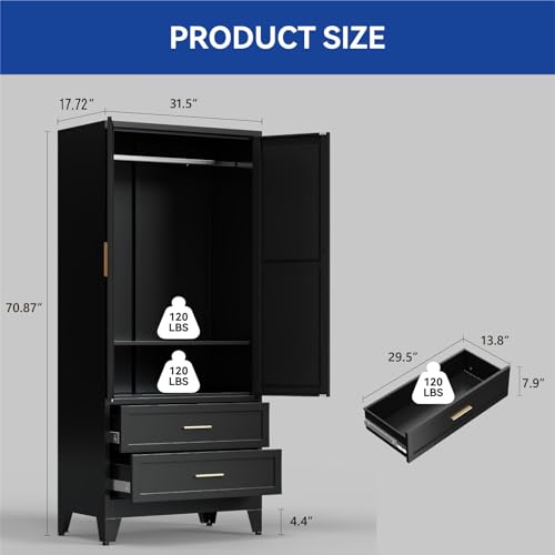 71-Inch Metal Wardrobe Closet with Drawers, Hanging Rod, and Adjustable Shelf