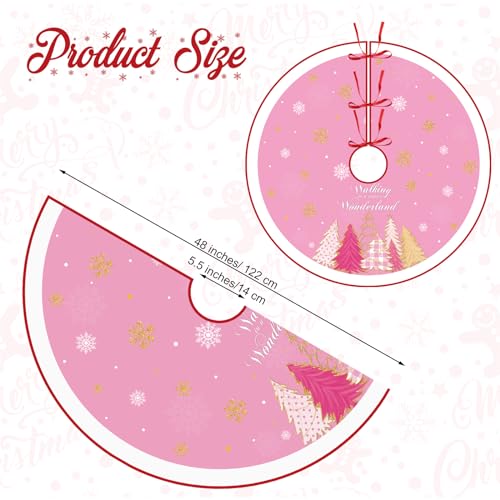 Pink Christmas Tree Skirt 48 Inch Double Layer Holiday Decor with Snowflake Pattern