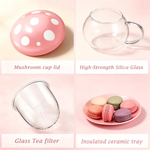 Rain Shops Orange Mushroom Tea Cup Set with Infuser & Saucer - Cute Glass Tea Mug for Loose Leaf Tea & Coffee