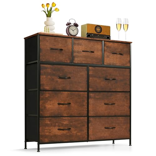 9-Drawer Fabric Dresser Chest of Drawers with Wood Top & Metal Frame
