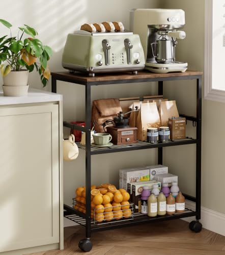 3-Tier Kitchen Rolling Cart, Microwave Stand with Lockable Wheels, Brown