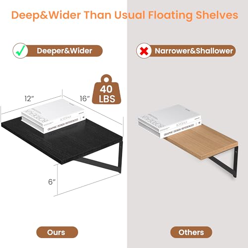 16x12 Deep Floating Wall Shelves Set of 2, Rustic Wood & Metal Bracket