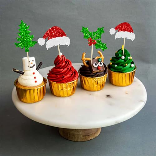 Ephlyn 24Pcs Christmas Santa Hat Cupcake Toppers Multicolor Glitter Holly Leaves Berries – Party Picks
