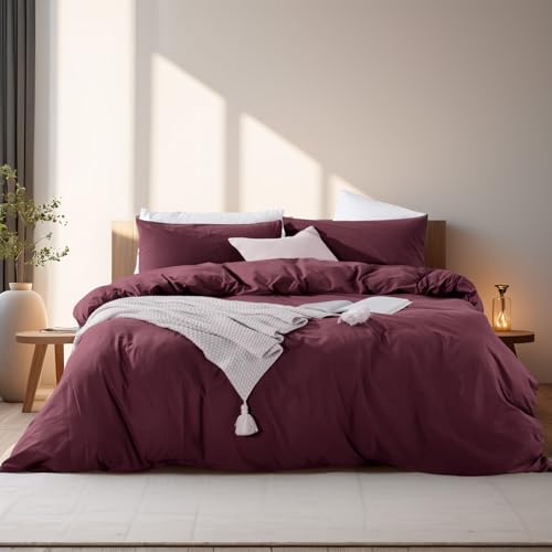 100% Washed Cotton Duvet Cover Set - Queen Size Burgundy 3-Piece Bedding