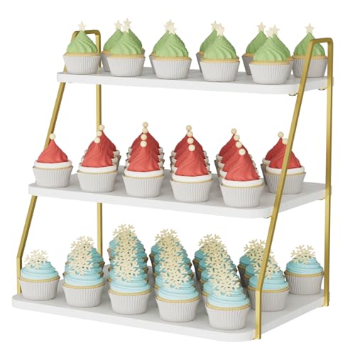 VyGrow White & Gold 3-Tier Cupcake Stand Display holds 55 Cupcakes Wooden & Metal