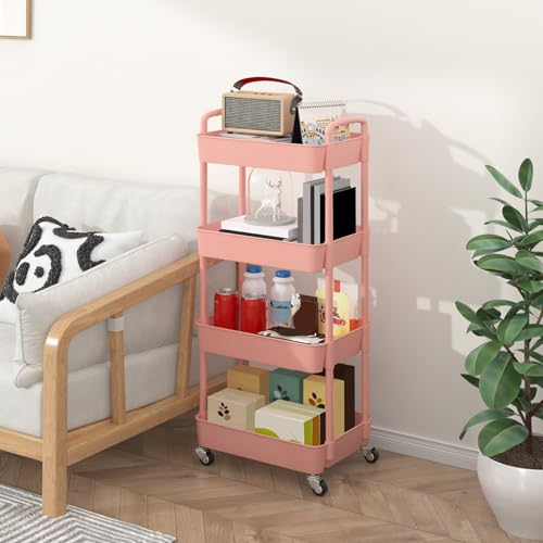 4-Tier Plastic Rolling Utility Cart with Handle & Lockable Wheels, Pink