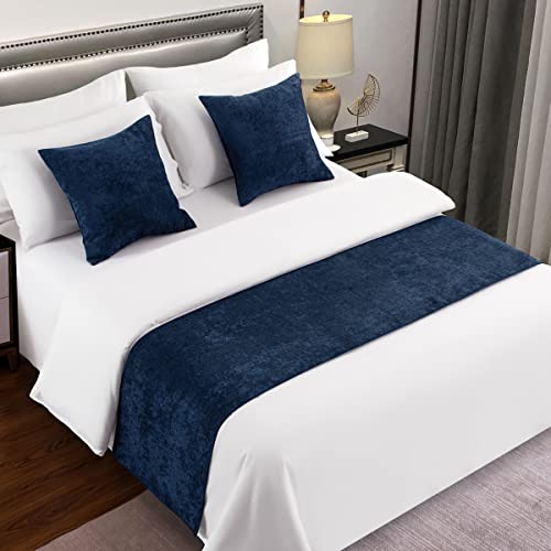 AMBERIS Soft Chenille Bed Runner - Dark Blue Modern Decorative Bed Scarf
