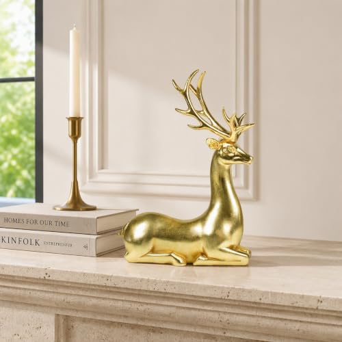 Ferrisland Gold Sitting Reindeer Figurine 14.96in Resin Christmas Decor