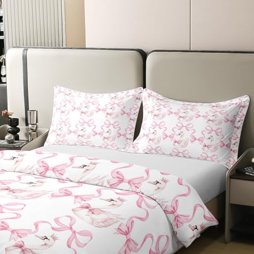 Manfei Twin Size Watercolor Pink Swan Cotton Duvet Cover Set with Pillow Sham, Princess Crown & Bowknot Design, Baby Pink & White