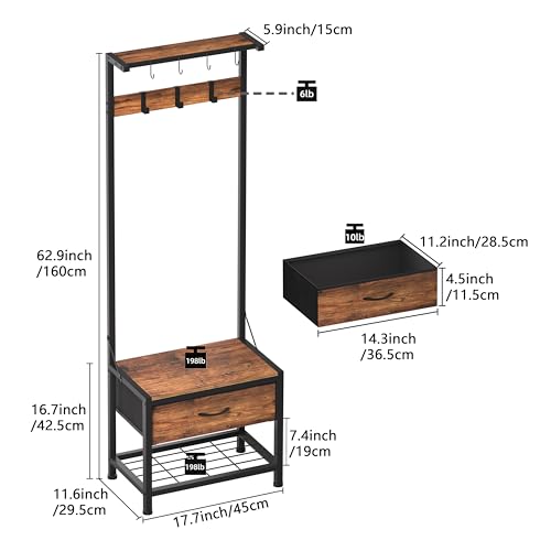 Narrow Hall Tree with Storage Bench, Coat Rack and Fabric Drawers