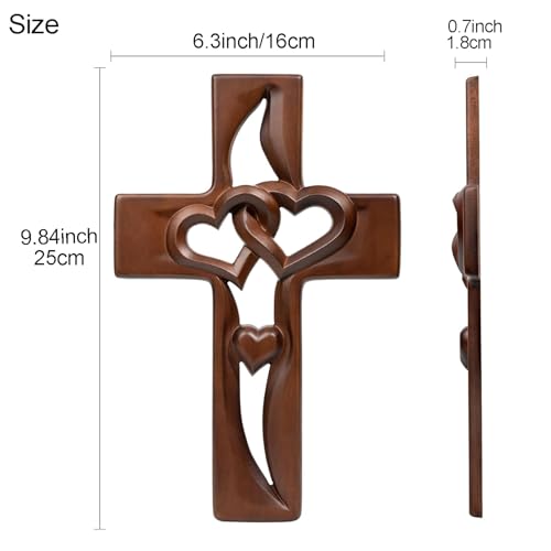Hand-Carved Wooden Wall Cross with Intertwined Hearts, 9.84-Inch