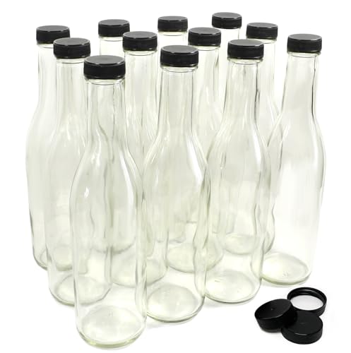 12 Oz Clear Glass Woozy Bottles with Black Screw Caps, 12-Pack