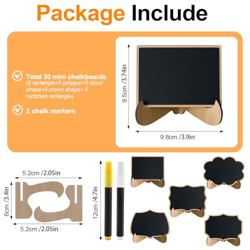 30-Pack Mini Chalkboard Signs with Stands, Assorted Shapes for Food Labels