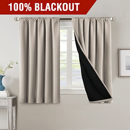 H.VERSAILTEX 100% Blackout Curtains for Bedroom with Black Liner Full Room Darkening Curtains 54 Inch Long Thermal Insulated Back Tab/Rod Pocket Window Drapes for Living Room, 2 Panels, Natural Sand