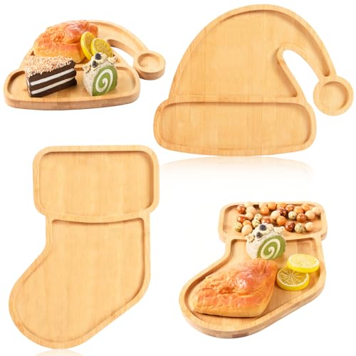 AWIZOM 2 Pcs Christmas Stocking & Santa Hat Wood Serving Trays, Bamboo Charcuterie Boards