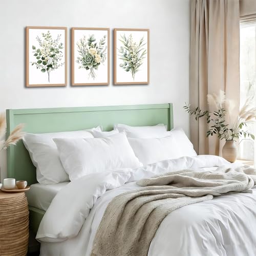 3-Piece Framed Botanical Wall Art Set, Sage Green Watercolor Floral Canvas