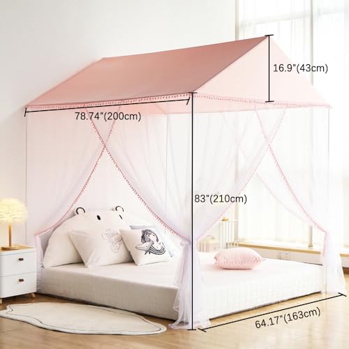 Girls Bed Canopy Mosquito Net with Pompoms for House Bed, Pink