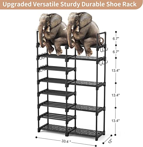 8-Tier Metal Shoe Rack Organizer, Stackable Storage Shelf with 15 Hooks