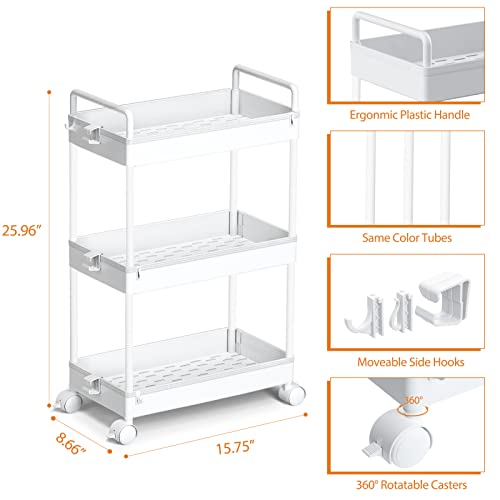 3-Tier Slim Rolling Storage Cart with Wheels - Narrow Utility Organizer, White