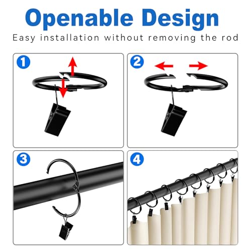 2-Inch Openable Curtain Rings with Clips - 24 Pack Metal Rustproof Drapes