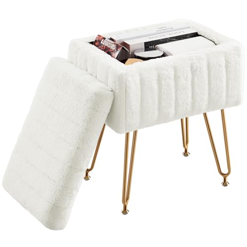 Faux Fur Storage Vanity Stool Chair - Modern Footrest Ottoman with Metal Legs