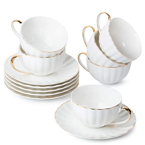 White Cappuccino Cups with Saucers Set of 6 - 7 oz Tea & Coffee Cups, Golden Trim - Brew To A Tea