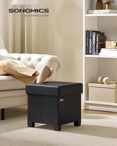 Square Storage Ottoman with Legs, Foldable Faux Leather Footrest, 15-Inch