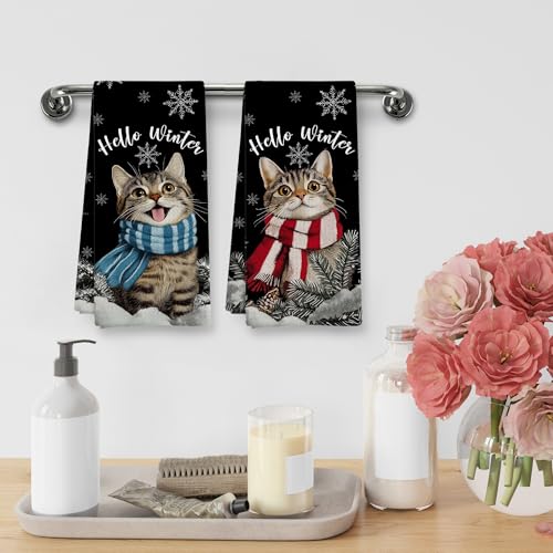 XNXLDYLH Hello Winter Cat Kitchen Towels Set for Cats Lovers, Christmas Snowflake Dish Hand Towels, 16x24 Inch - Cat Variation