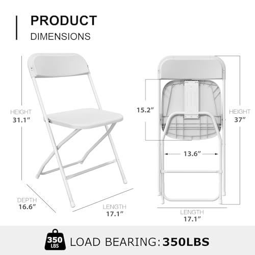Set of 10 White Folding Chairs, Portable Steel Frame Event Seating