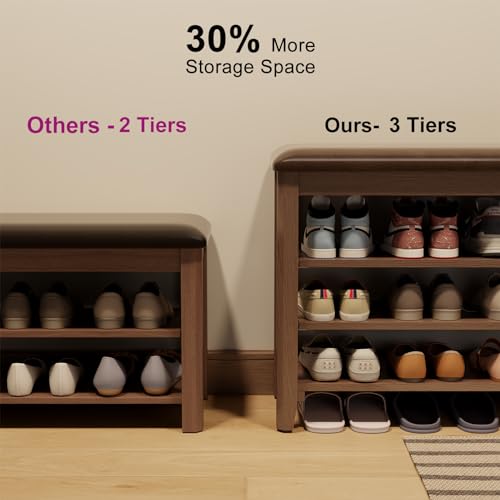 3-Tier Rubberwood Shoe Storage Bench with PU Leather Cushion