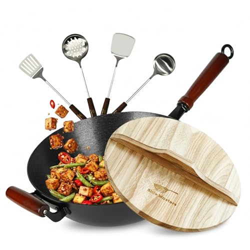36cm Pre-Seasoned Cast Iron Wok with Wooden Lid & Dual Handles - Nonstick Chinese Stir-Fry Pan