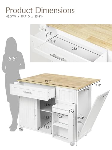 Rolling Kitchen Island with Drop Leaf, Trash Can Storage and Rubberwood Top