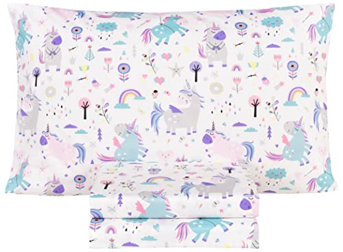 Unicorn Cotton Twin Bed Sheet Set - Kids Floral Rainbow Bedding