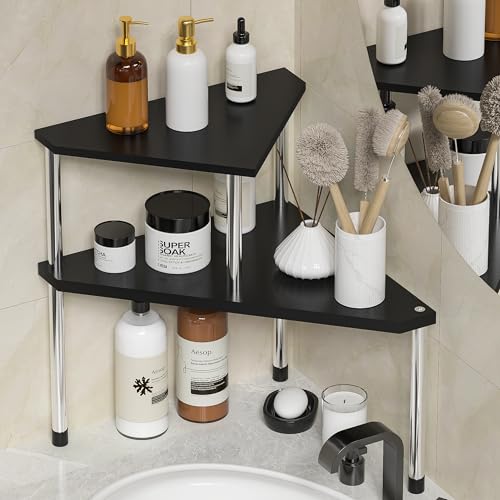 2-Tier Corner Counter Organizer, Bamboo Bathroom and Kitchen Storage Shelf